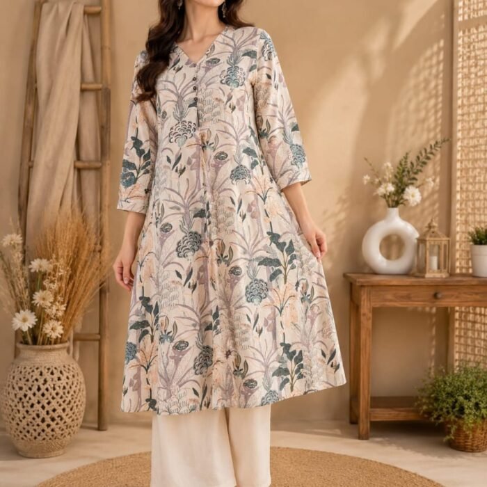 Pure Khadi Cotton Floral Printed A-Line Kurta With Plazzo