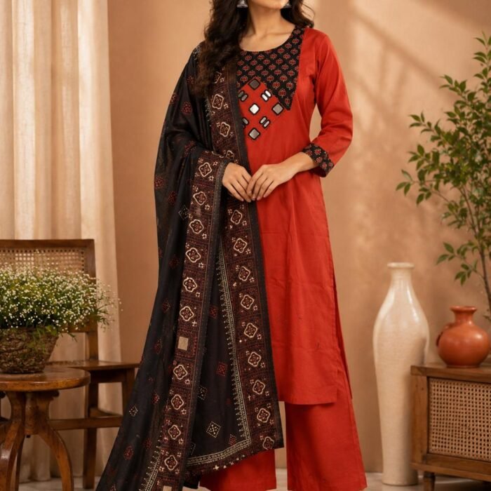 Brick Red And Black Printed Suit Set With Mirror Work