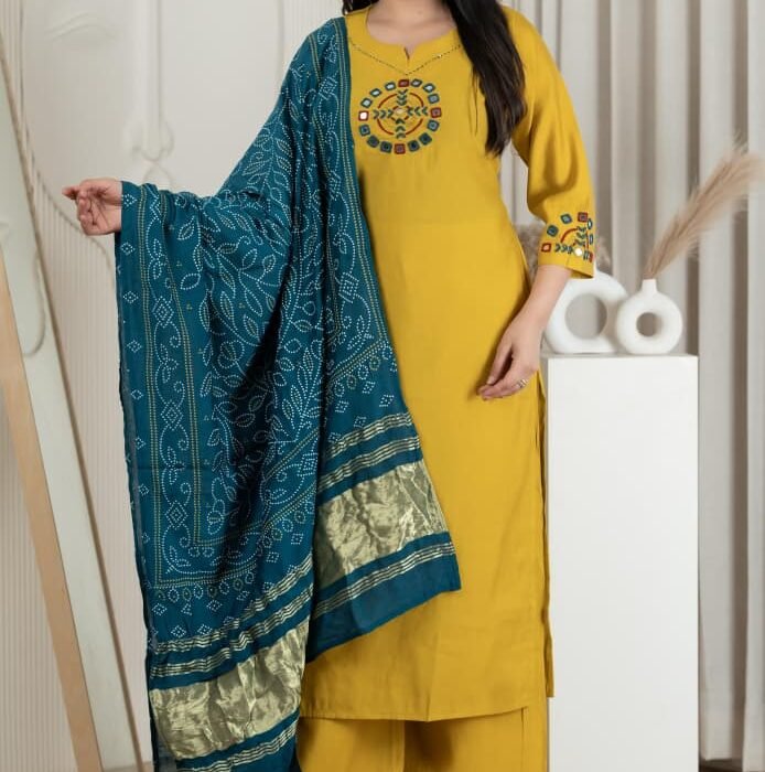 Embroidered Mirror Work Kurta Set With Plazzo And Bandhej Dupatta
