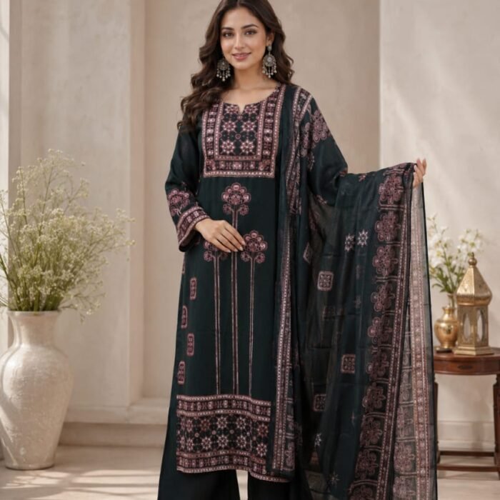 Elegant Dark Green Ajrakh Inspired Prints Suit Set