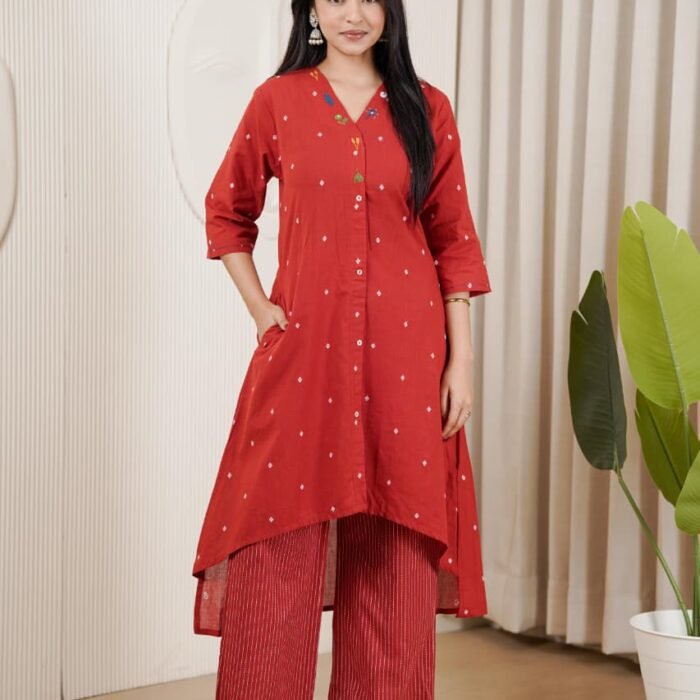 Brick Red Embroidered High-Low Kurta With Pocket Striped Plazzo