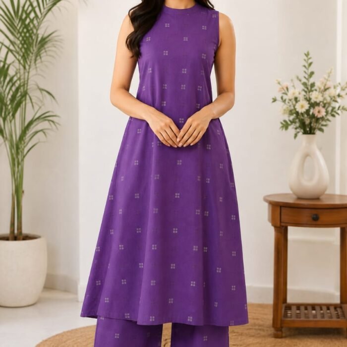 Purple Sleevless Dhabu Cotton A-Line Kurta With Plazzo