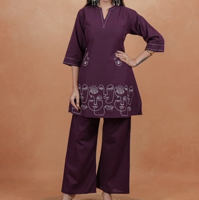 Dark Wine Abstract Face Line Art Co-Ord Set