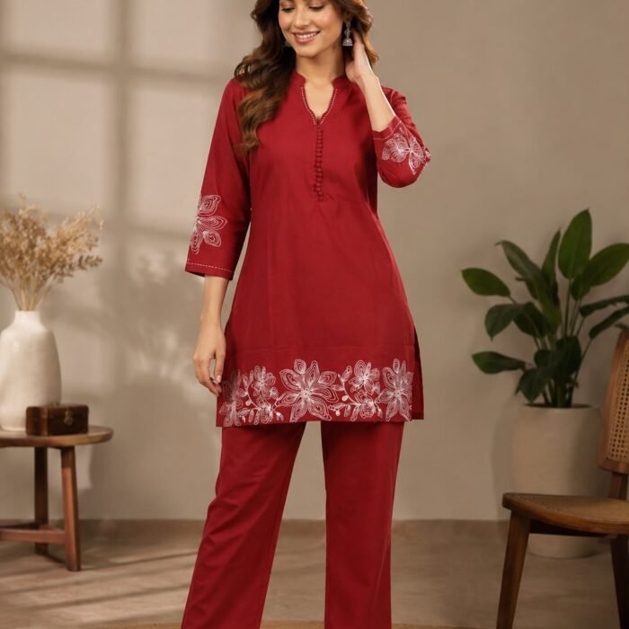 Crimson Red Floral Outline Embroidered Co-Ord Set
