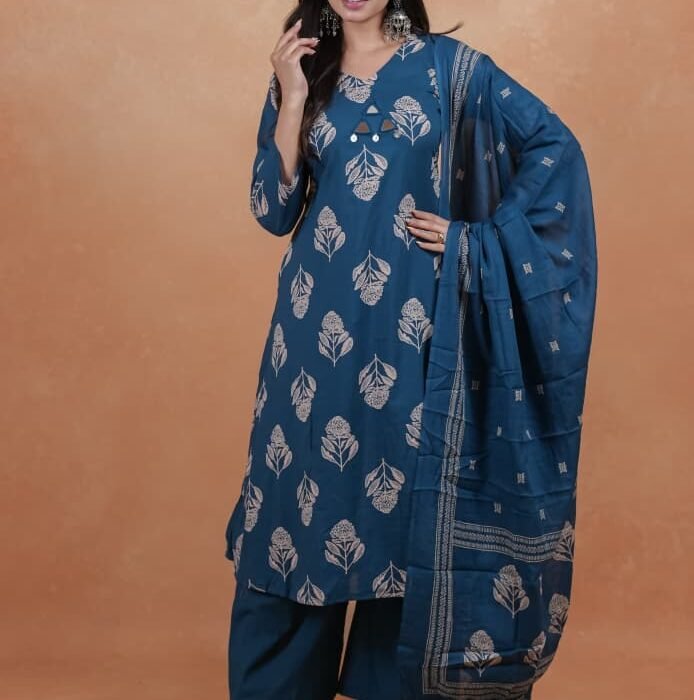 Teal Blue Floral Block Print Suit Set With Mirror Work