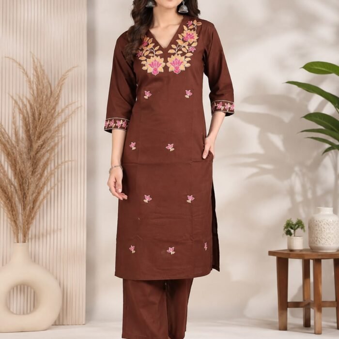 Chocolate Brown Embroidered Kurta Set With Pocket