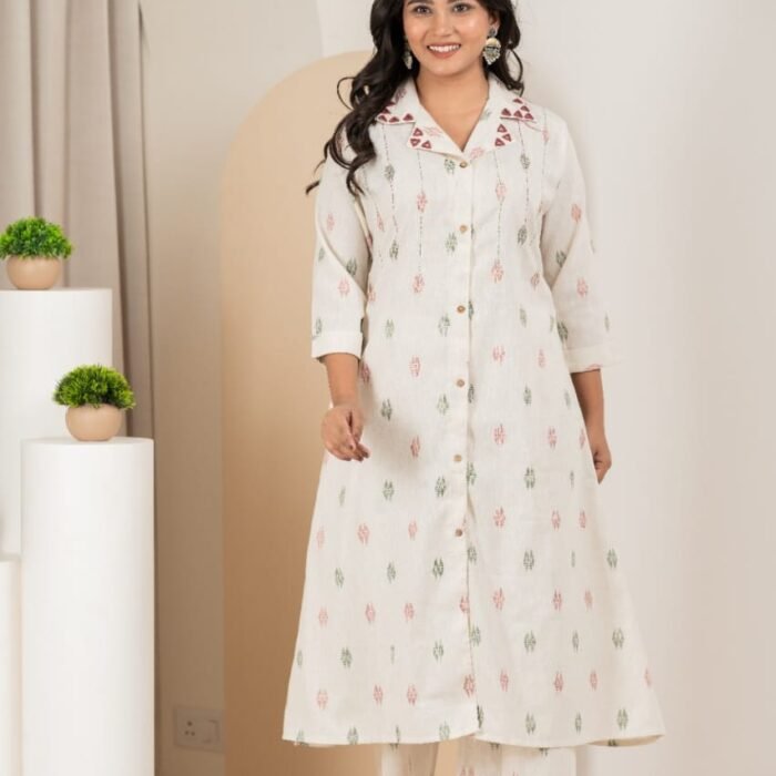 Elegant Pure Linen Off White Shirt Kurta Set With Mirror Work