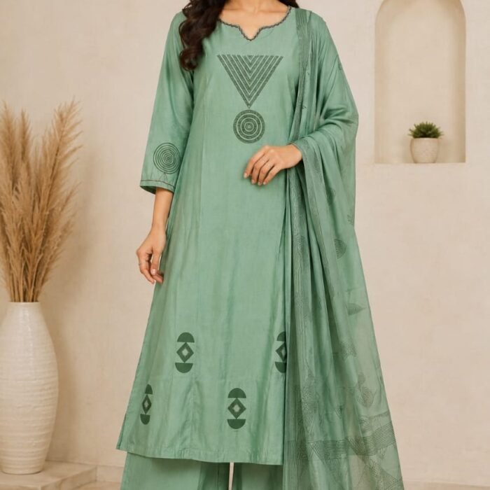 Mint Green A-Line Suit Set with Block Print